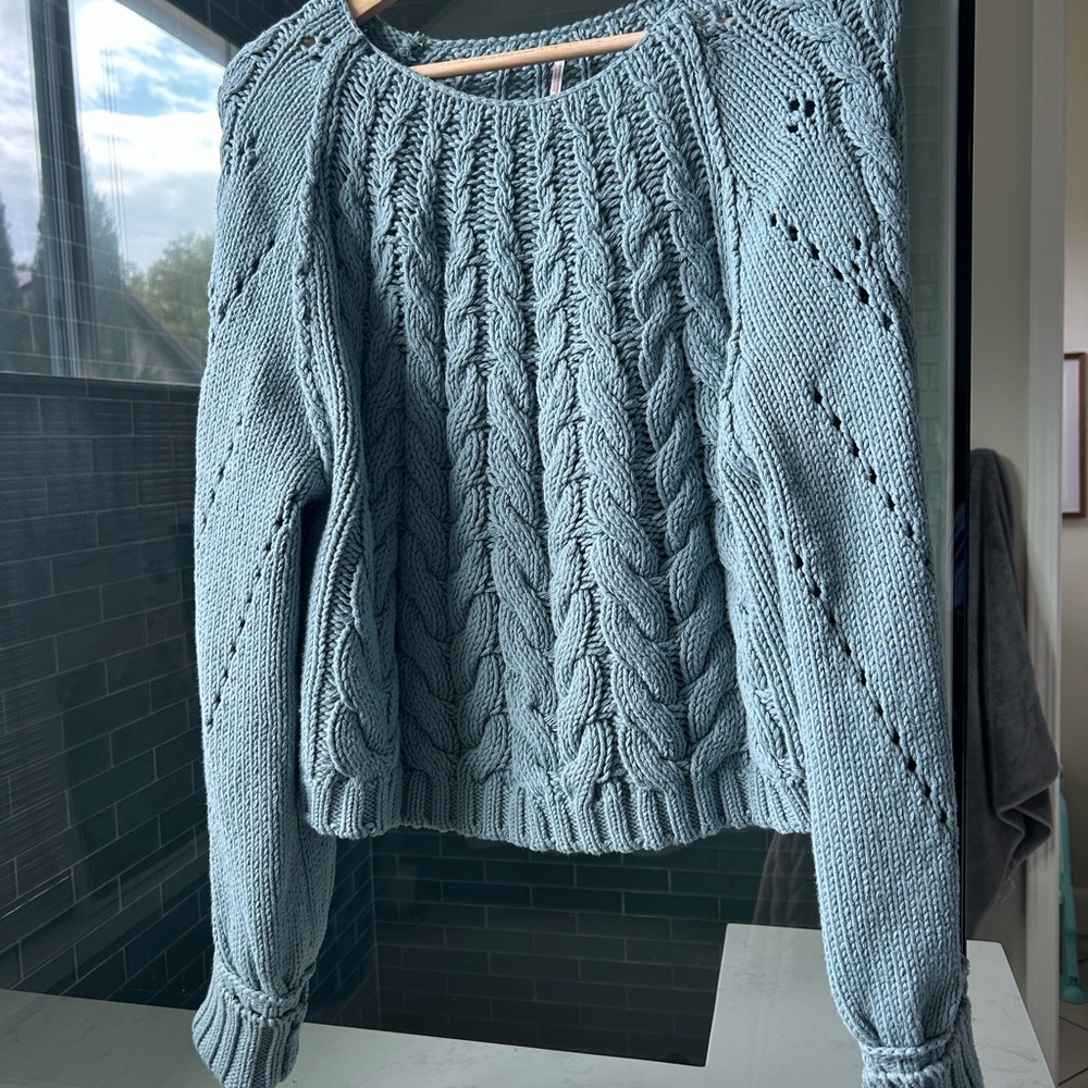 Free People Seafoam Cable Knit Crewneck Sweater - Picture 2 of 6